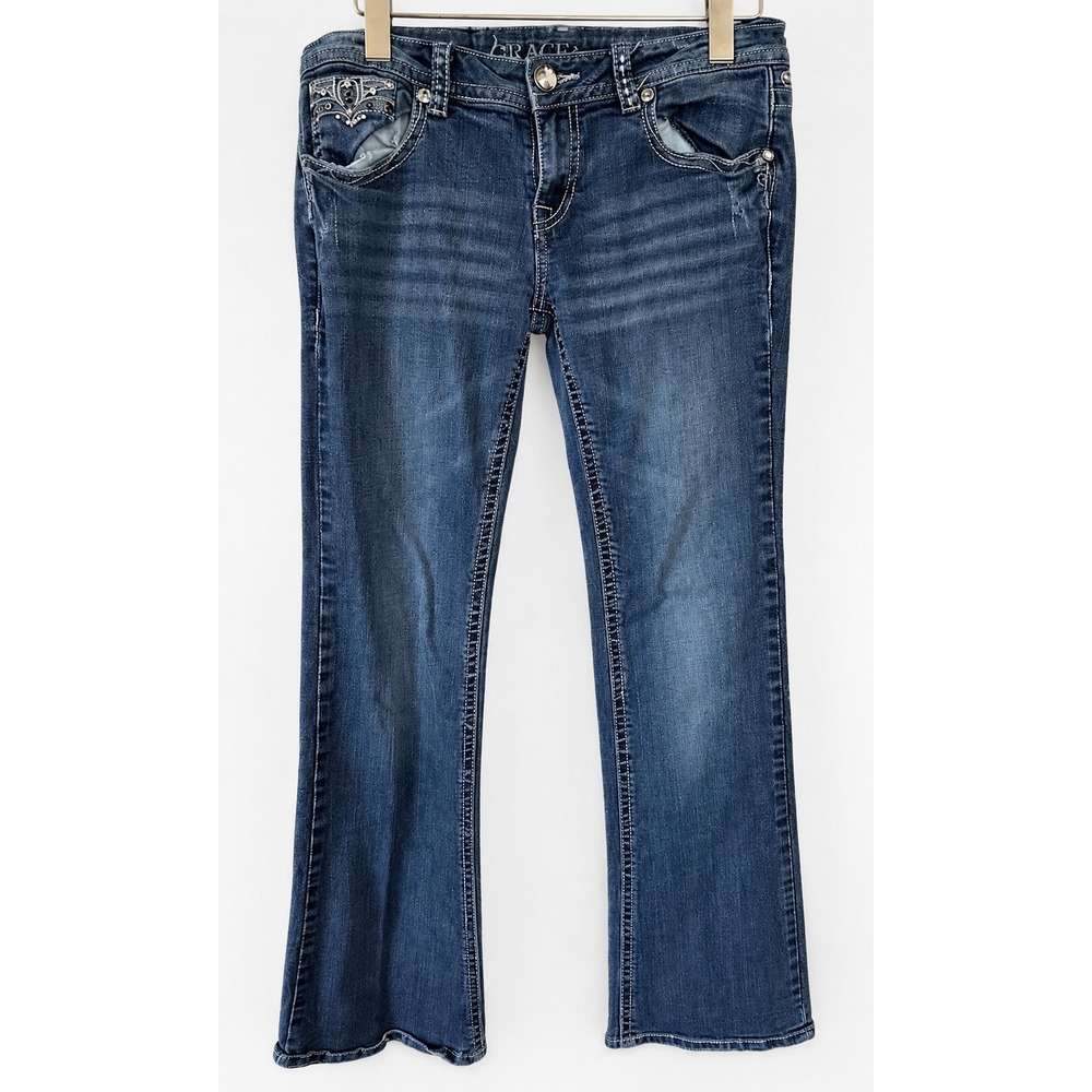 GraceinLA Wns Bootcut Jeans Size 29 Medium Wash Embroidered Sequin Flap Pocket